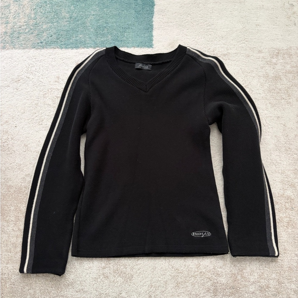 Black V-Neck Women's Sweater with Stripe Detail